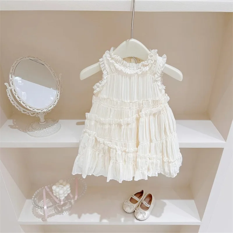 Children Girls Dress Summer Korean Sleeveless Solid Color Lace Round Collar Muslin A Line Toddler Girls Dress Baby Girls Dress