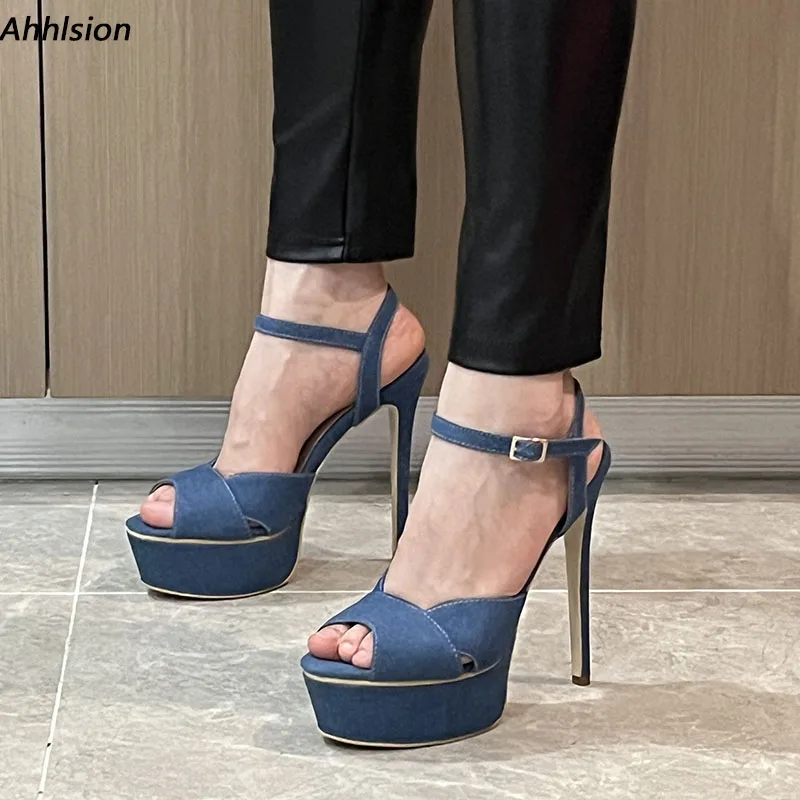 Ahhlsion Handmade Women Summer Sandals Sexy Stiletto Heels Peep Toe Beautful Blue Jeans Dress Shoes Ladies US Size 5-20