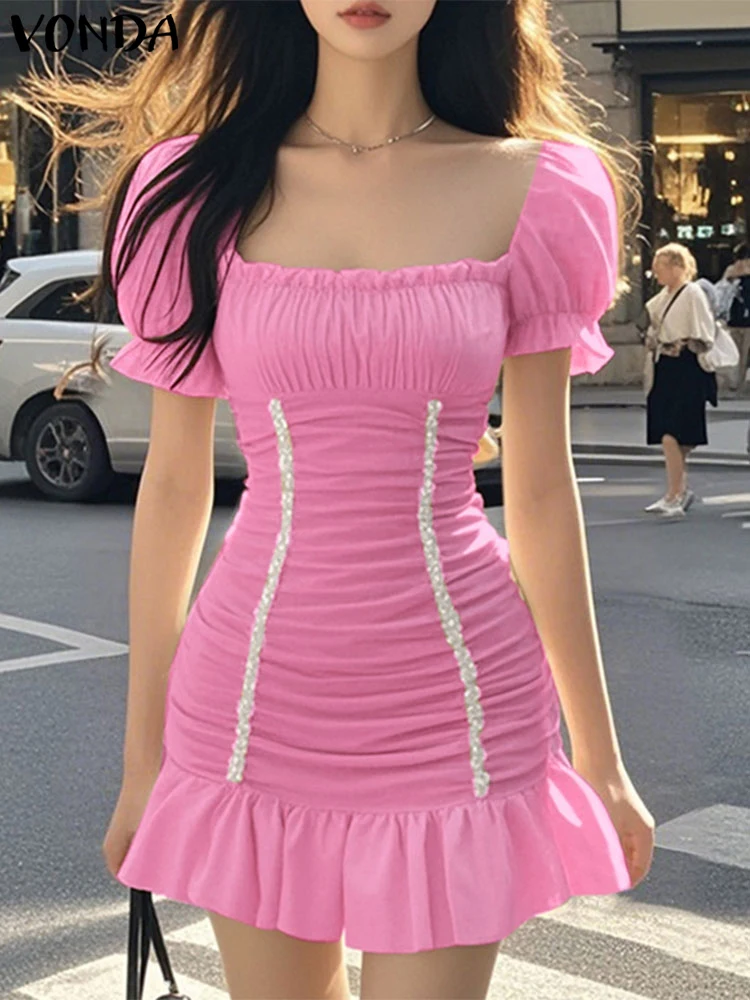 

VONDA Women Square Collar Summer Sundress Party Dress Elegant OL Work Vestidos 2025 Short Puff Sleeve A-Line Short Robe Oversize