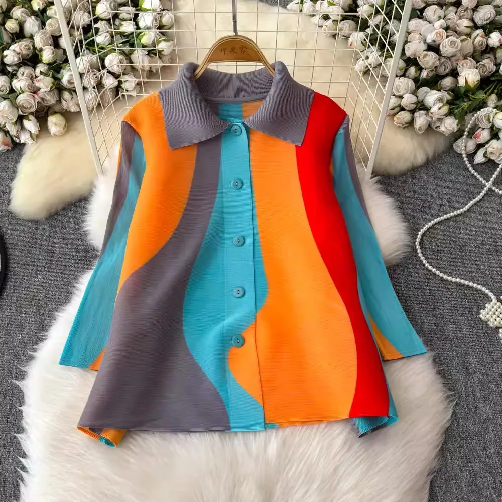 Miyake Pleated Colorblock Short Tops Women's Turn Down Neck High Stretch Korean Fashion Single Breasted Large Size Blouse Shirts