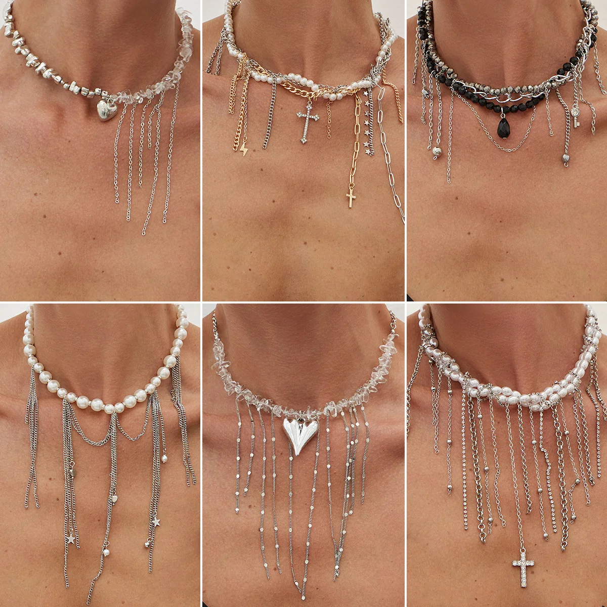 Premium Faux Pearl Wrapped Chain Choker Necklace with Heart Cross Tassel Pendant in Gold Tone for Women Daily Jewelry