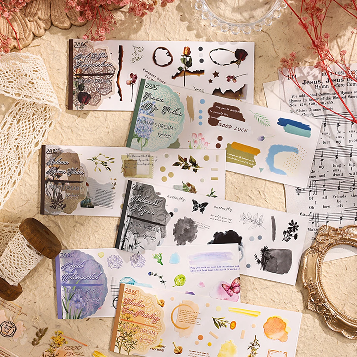6pcs Plant And Flower Pattern beautiful Stickers, Waterproof PET Stickers With Various Designs, For Cards And Scrapbook Decorati