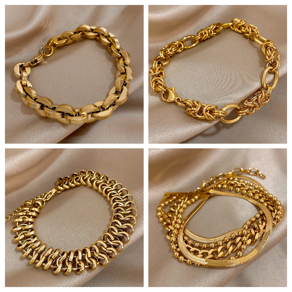 Punk Chunky Golden Thick Chain Bracelet, Stainless Steel Bracelet, Fashion Design Wrist Jewelry