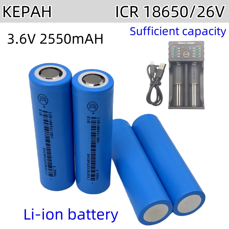 100% originale kepah ICR 18650/26V 3.6V 18650 2550mAh Capacità sufficiente Batteria al litio ricaricabile Torcia elettrica Batteria