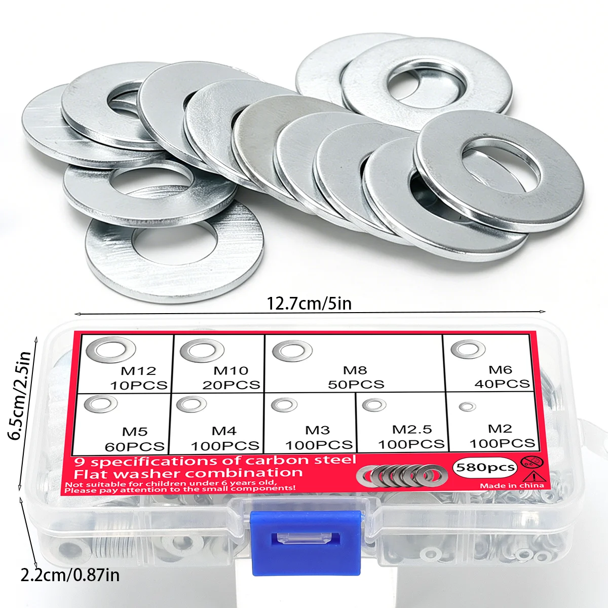 580Pcs Flat Washer Set, Including Metal Flat Washers in Sizes M2-M12 and hardware Fastening Washers, with Plastic Storage Box