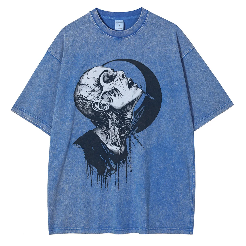 Punk Gothic Graphic T Shirts for Men Heavyweight Pure Cotton Distressed Washed T Shirt Drop Shoulder Retro Oversized Tops