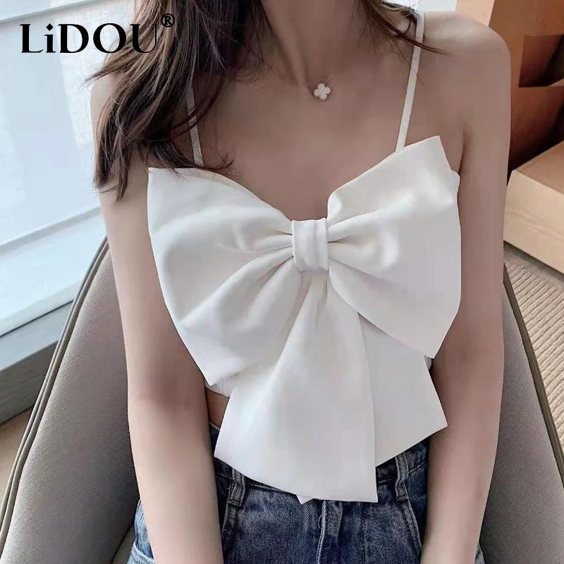 Summer New Solid Color Sleeveless Bow Sexy Sling Women American Style High Street Fashion Y2K Street Nightclub Ventilate Tops