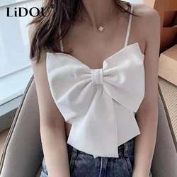 Summer New Solid Color Sleeveless Bow Sexy Sling Women American Style High Street Fashion Y2K Street Nightclub Ventilate Tops
