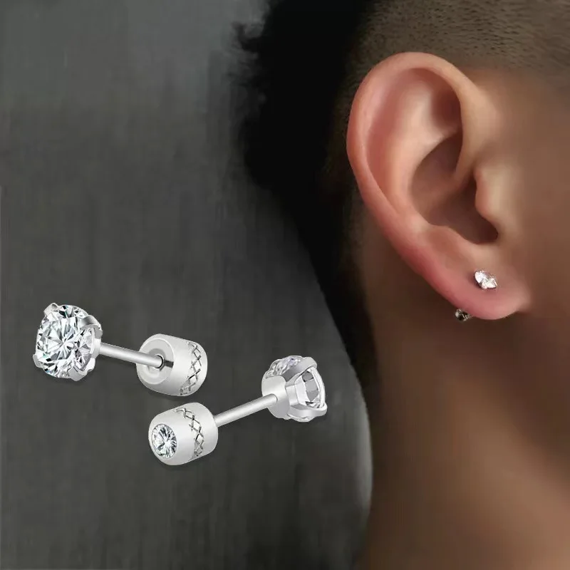 Minimalist Edgy Men's CZ Screw Back Stud Earrings Stainless Steel for All Occasions Non Tarnish Piercing Jewelry