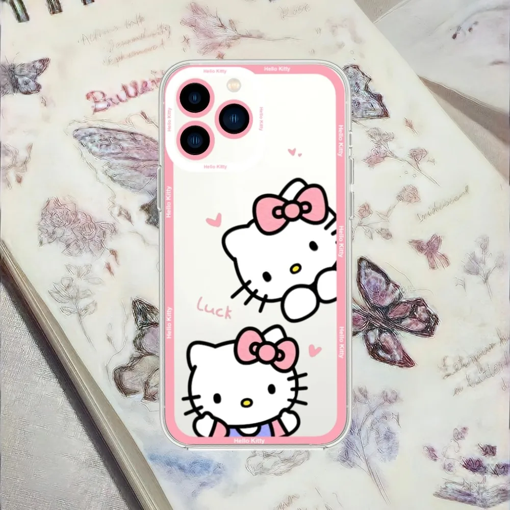 MINISO Kawaii K-Kitty Cartoon H-Hello Cute Phone Case For iPhone 13 14 15 Mini 11 12 Pro Max Transparent Shell