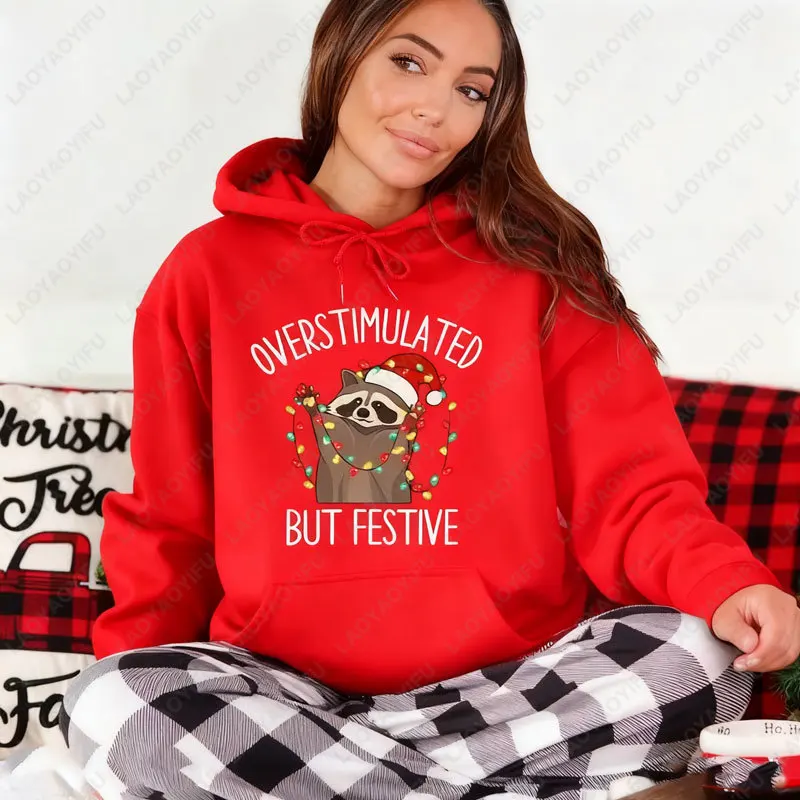 Übergtimuliertes, aber festliches Waschbär-Weihnachts-Sweatshirt, lustiger Waschbär-Weihnachtssweat, Waschbär-Weihnachts-Hoodie, Meme-Pullover mit Rundhalsausschnitt