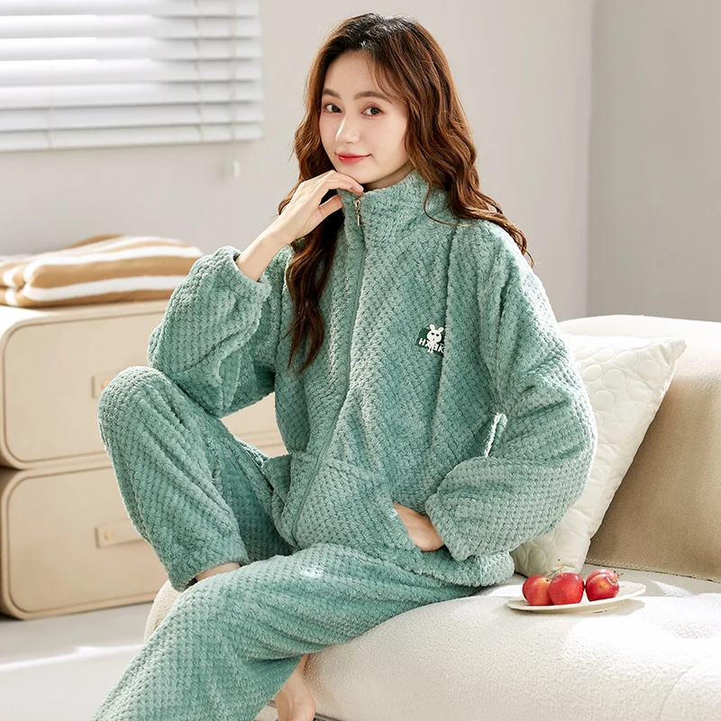 Winter Soft Plush Coral Fleece Women 2 Piece Sets Warm Thick Causal Comfortable Zipper Flannel Pajama Home Wears pyjamas women