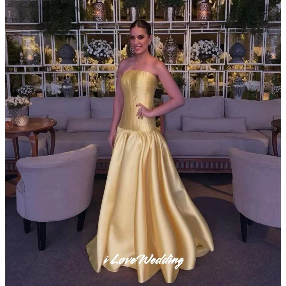 

Yellow Strapless Prom Dresses 2025 Sleeveless A-Line Backless Pleated Floor-Length Evening Dress Wedding Party Dress Customized