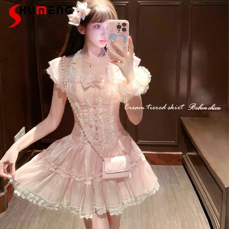 

2024 Summer New French Style Sweet Slimming Short Pink Color Dress Flying Sleeves Satin Lace Princess Vestidos Elegantes Mujer