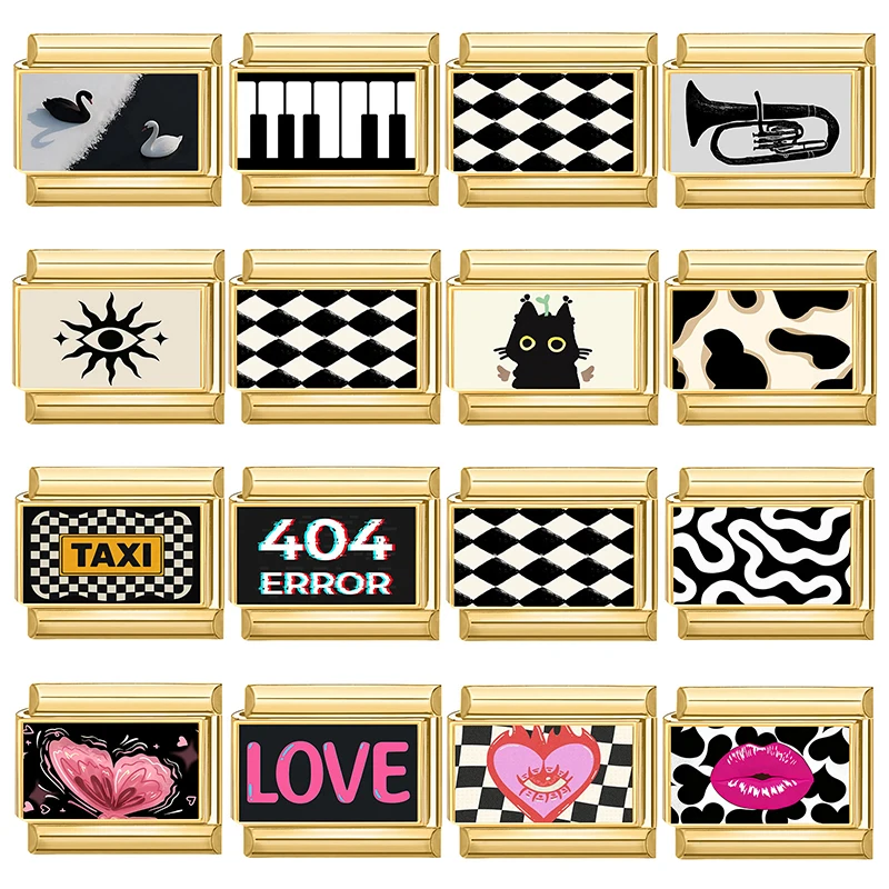 Y2K Ball Piano Trumpet Cat Eye Taxi Golden Italian Charm Links Stainless Steel Fit 9mm Bracelet Making DIY Jewelry Gift