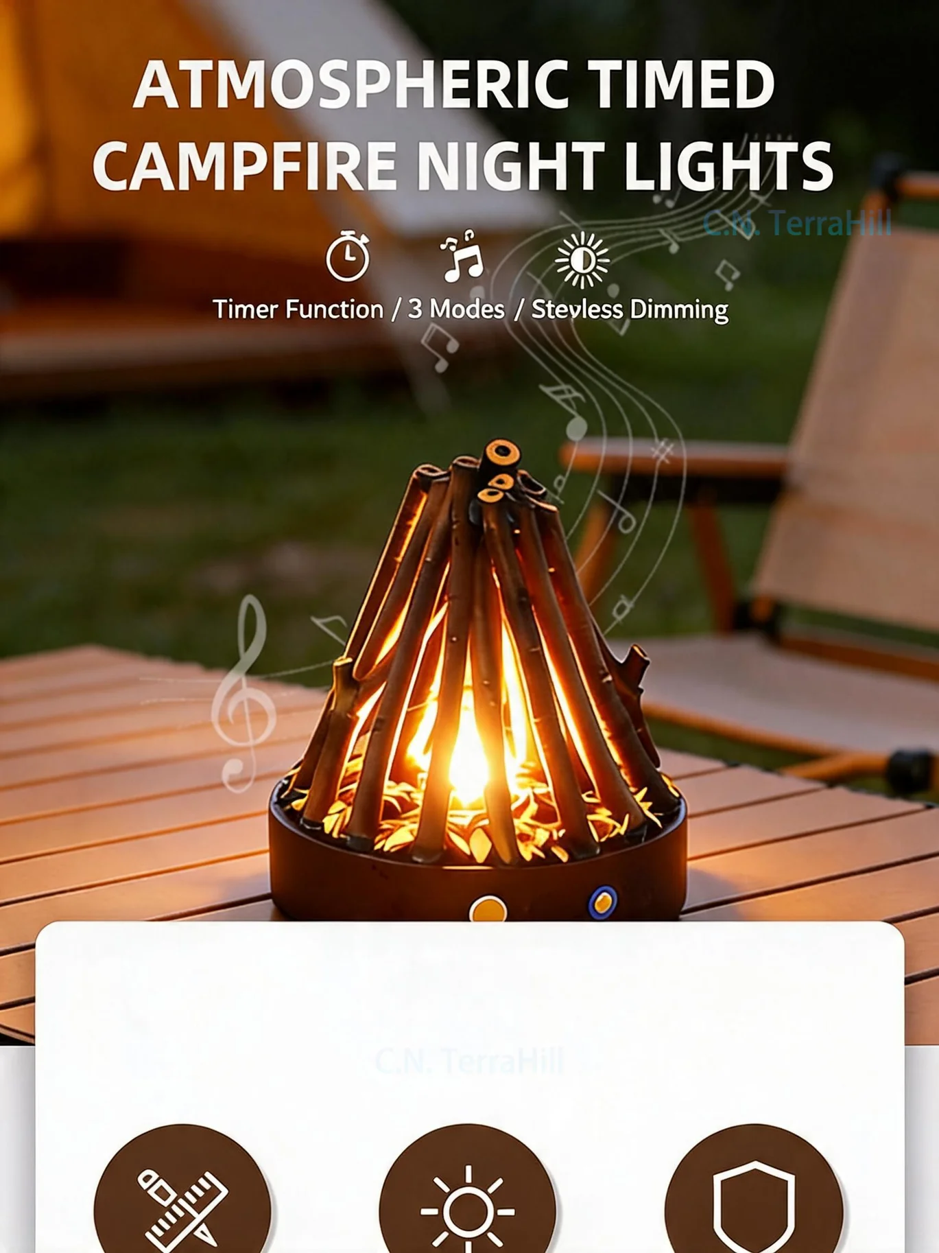 Touch Dimmable Night Light with Timer White Noise Bedside Campfire Flame Decorative Lamp Creative Gift Ambient Light