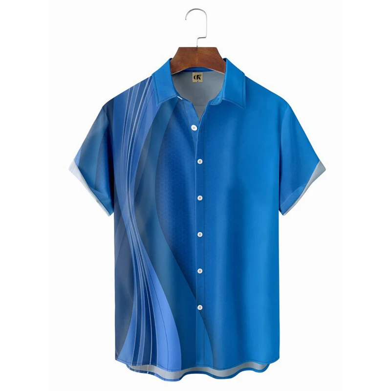 Zomer Gradiënt Lijn Print Camisa Heren Hawaii Strandshirts Vakantie Feest Oversized Revers Street Social Kleding 4xl