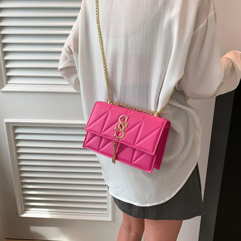 Women New Fashion Single Shoulder Crossbody Chain Bag Small Square Solid Color Check Line Luxury Designer Bag