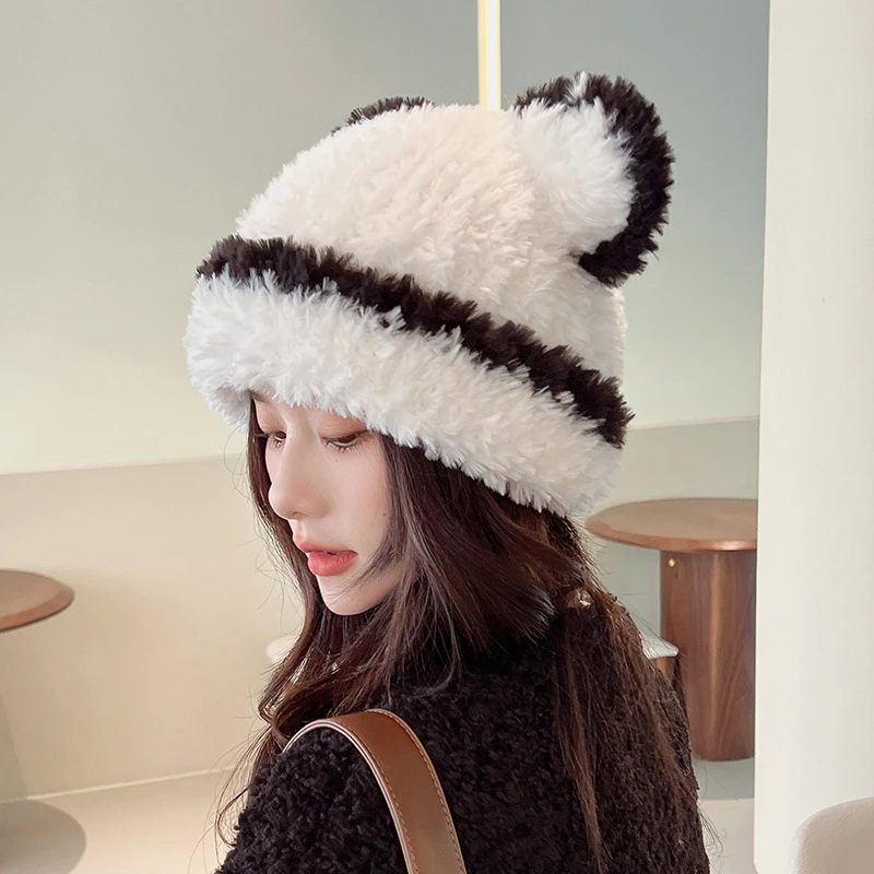 Gorros fríos de punto de felpa suave con orejas de gato para mujer, moda al aire libre, cálido, versátil, Otoño e Invierno