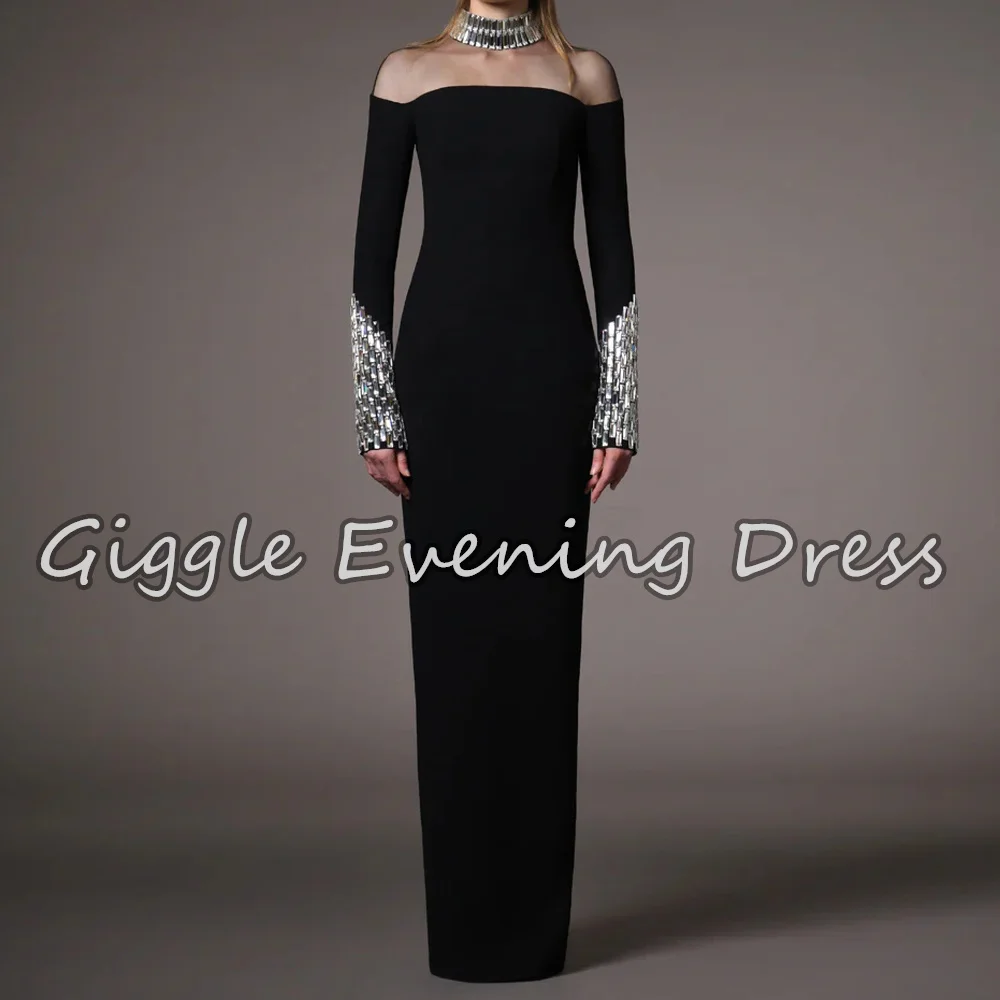 ชุดราตรีทรงตรงแบบเรียบง่ายประดับลูกปัดยาวกรอมพื้นสไตล์ซาอุดิอาระเบียสำหรับผู้หญิง ปี 2025 แขนยาว ชุดออกงานแบบอาหรับ