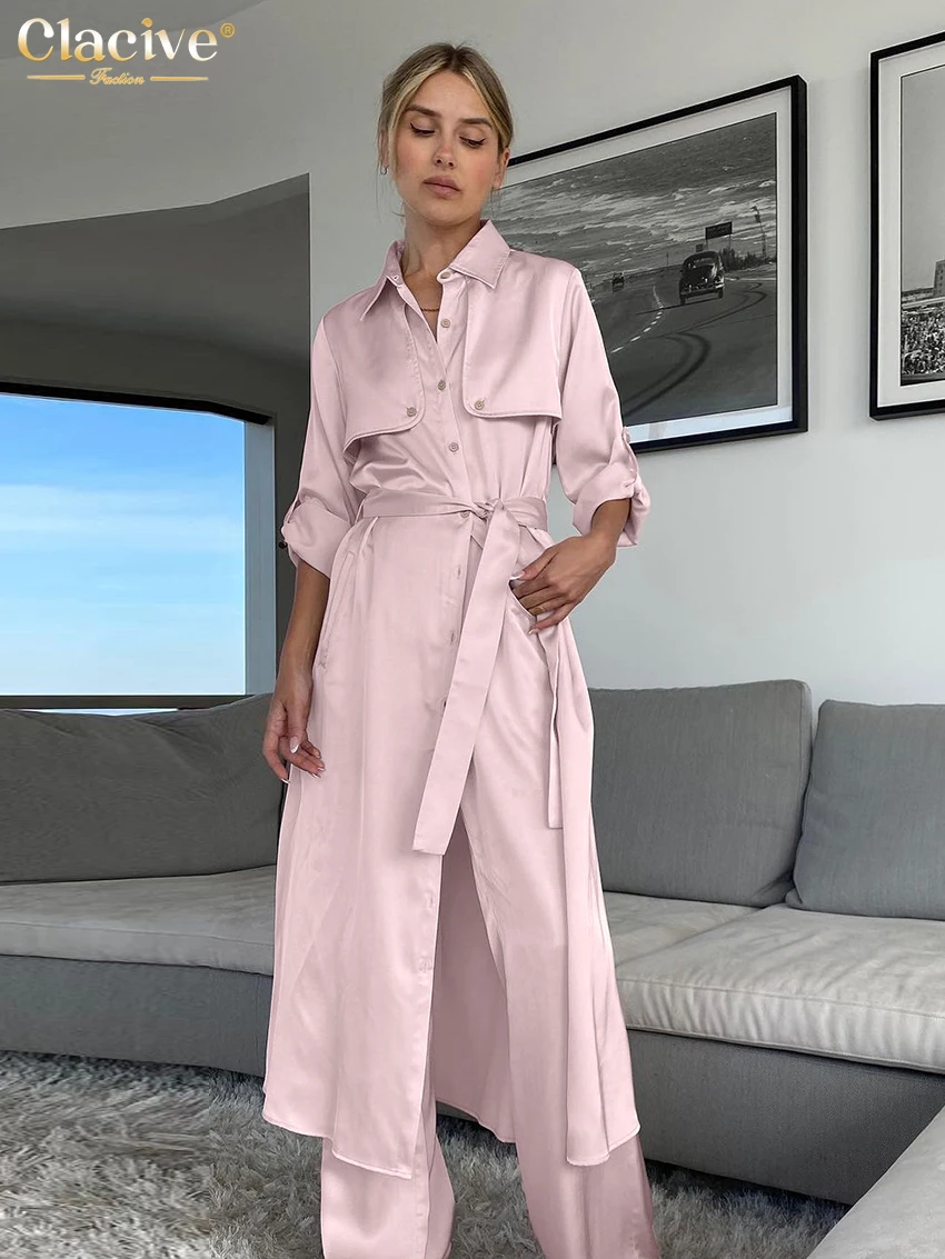 Clacive-Conjunto de 2 piezas de satén rosa holgado para mujer, camisa elegante de manga larga con pantalones anchos de cintura alta, moda 2024