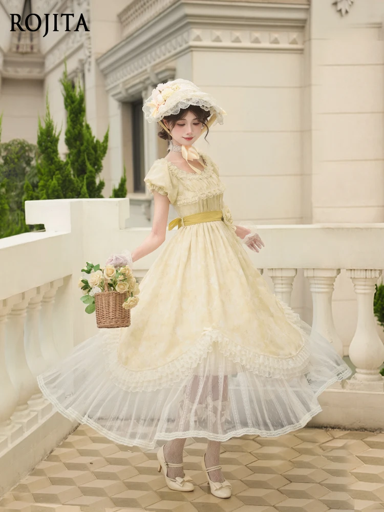 

Printed Short JSK Strap Dress 2025 Summer High Waist Puff Sleeve Long OP Summer LO Dress for Women Elegant Ruffle Dress