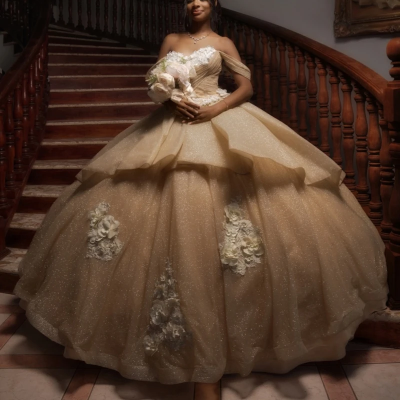 

Champagne Shiny Quinceanera Dresses Off The Shoulder Applique Flower Beading Tull Corset Party Birthday Sweet 16 Dres Vestidos
