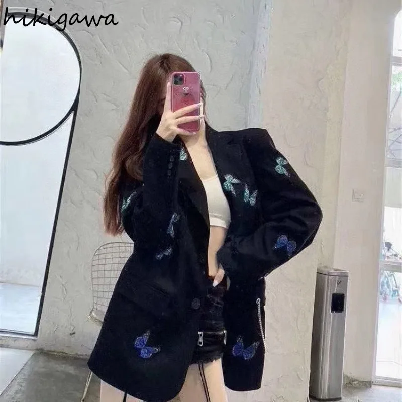 Streetwear Jackets Harajuku Fashion Black Blazer 2024 Ropa Mujer Oversized Tops Casual Chain Butterfly Embroidery Coat Women