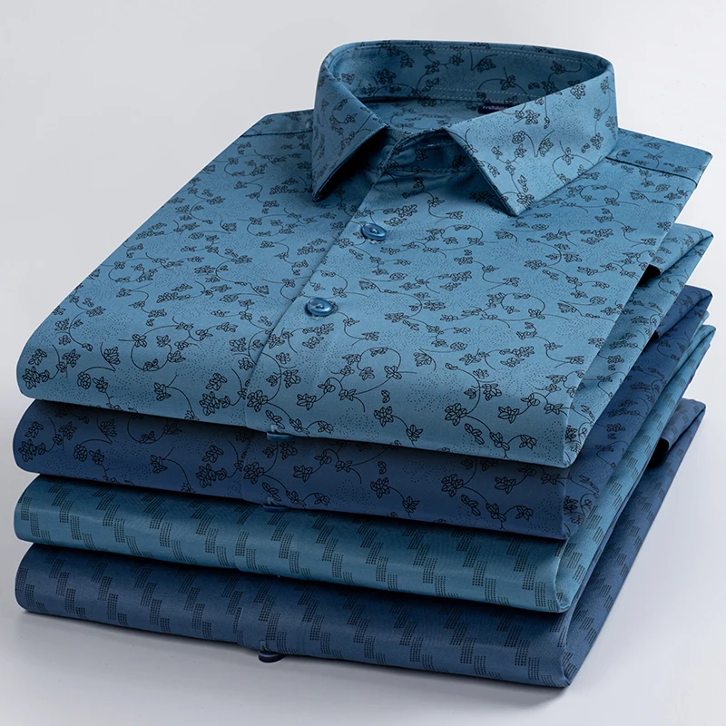Men's Wrinkle Free Long Sleeve All-over Print Button Up Shirt, Strech Skin-Friendly Breathable Seamless Collar Casual Shirts