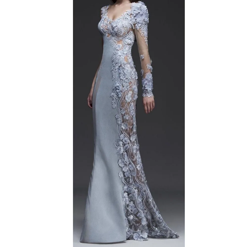 

Classy Gray Women Prom Dresses Flowers Illusion Full Sleeves Floor Length Mermaid Square Collar Smart Evening Party Gowns