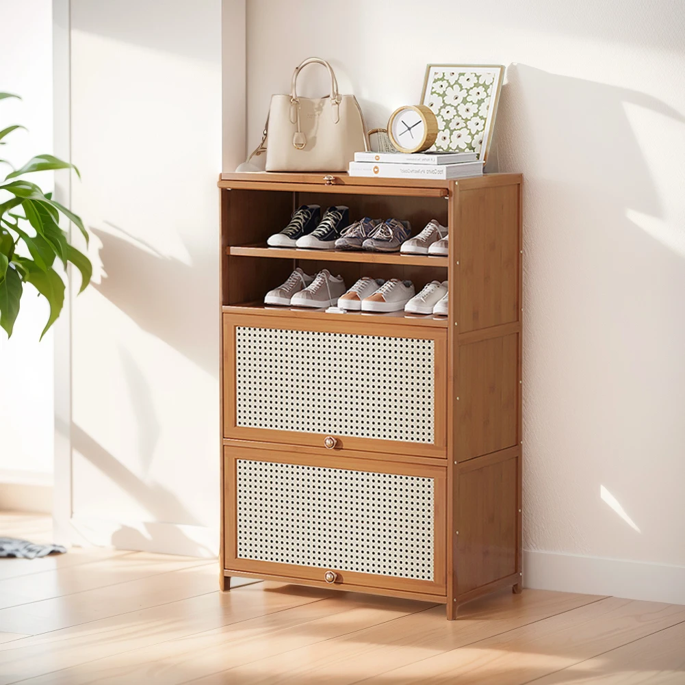 Bamboo Shoe Cabinet with 2 Flip Drawers & Door Entryway Narrow Shoe Storage Cubby 7-Tier Bamboo Free Standing Shoe Storage Shelf image 4