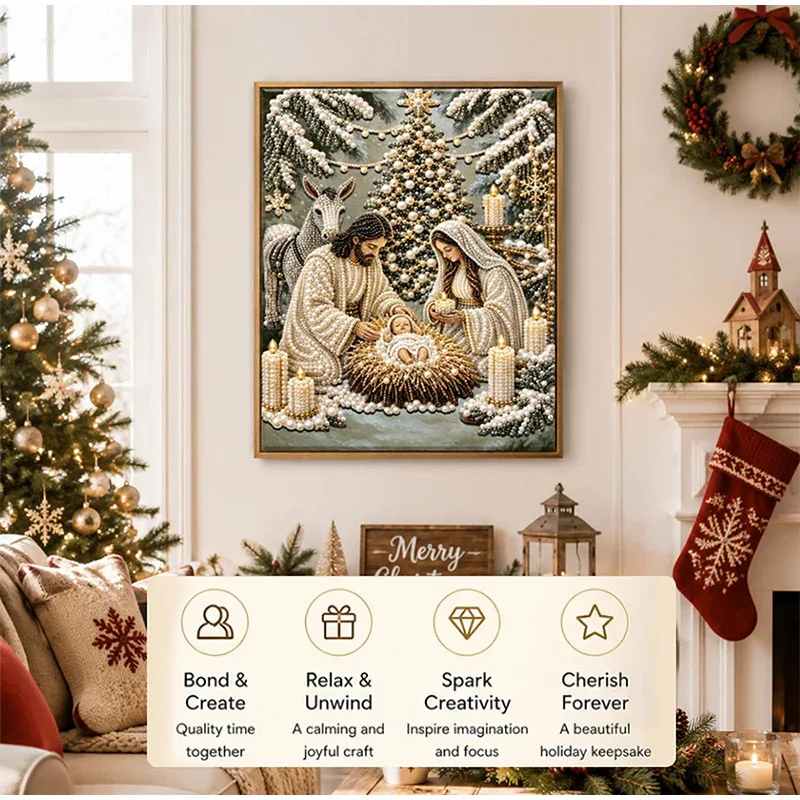 Nativity Scene Diamond Pearl Painting Kit 5D DIY Jesus Art Kit With Frame Jesus Christ & Religious Christmas Wall Decor And Gift