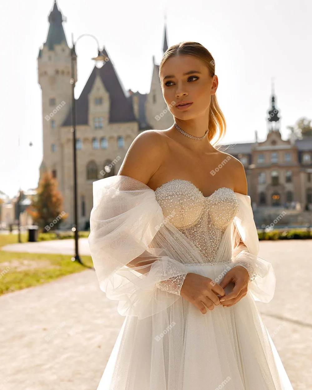 Booma-Robes de mariée en tulle perlé pour femmes, robes de mariée élégantes, robes de soirée de mariage lancées, quel que soit le train de balayage