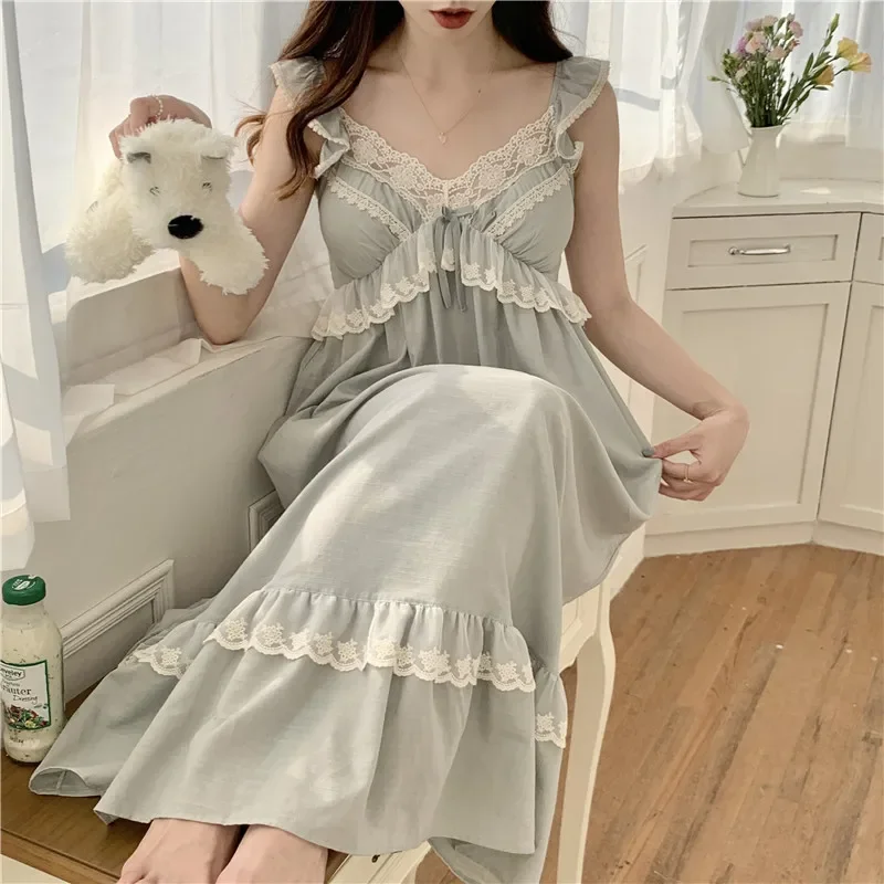 Korean Cute Princess Lace Summer Nightgown Spaghetti Strap Ruffles Long Sleepdress Home Wear Women Nightdress Green Cotton S207