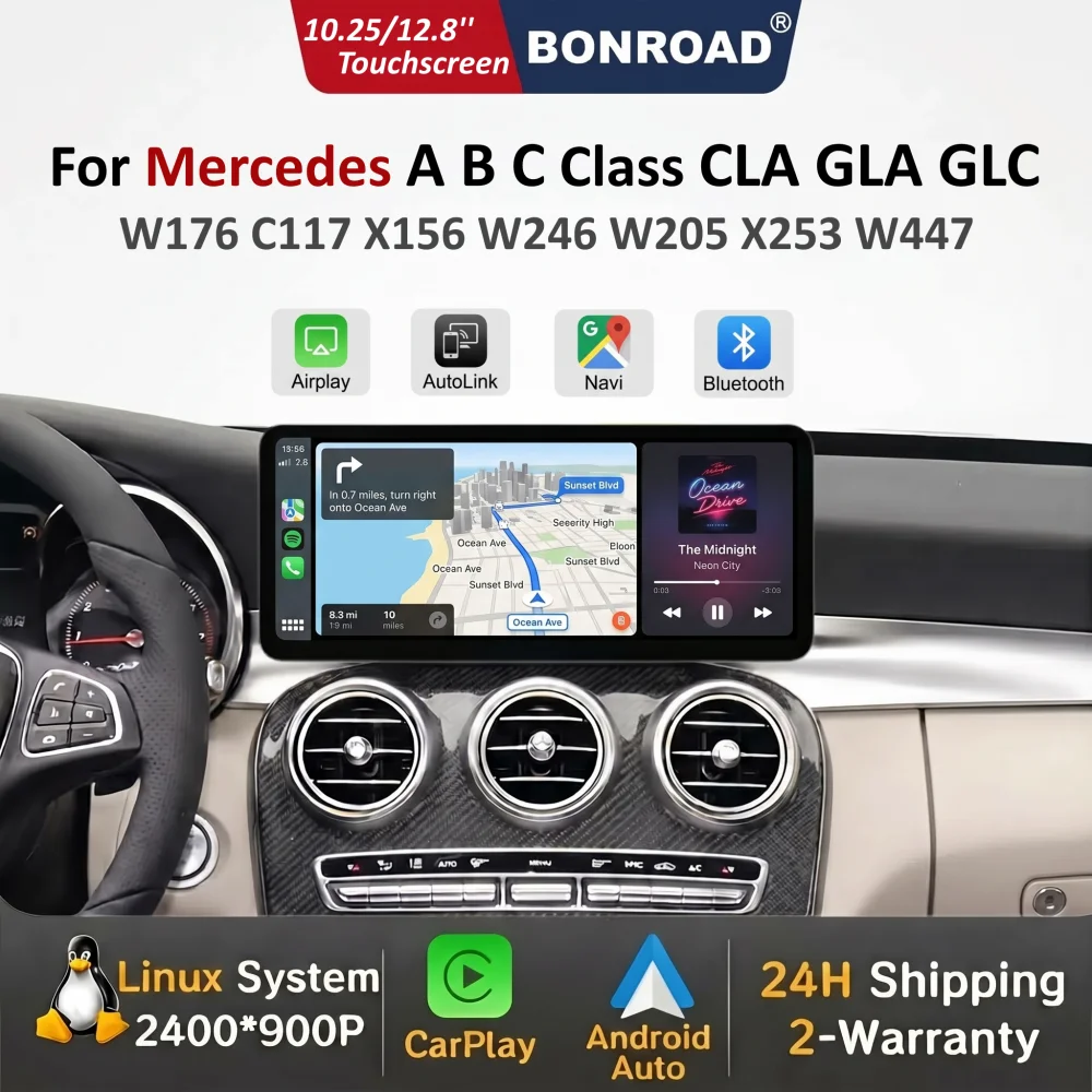 BONROAD 10.25/ 12.8'' Écran tactile Linux CarPlay Android Auto pour Mercedes Benz Classe A B W176 W246 CLA C117 GLA X156 Classe C W205 GLC V X253 W447 Navigation GPS Bluetooth Airplay Autoradio