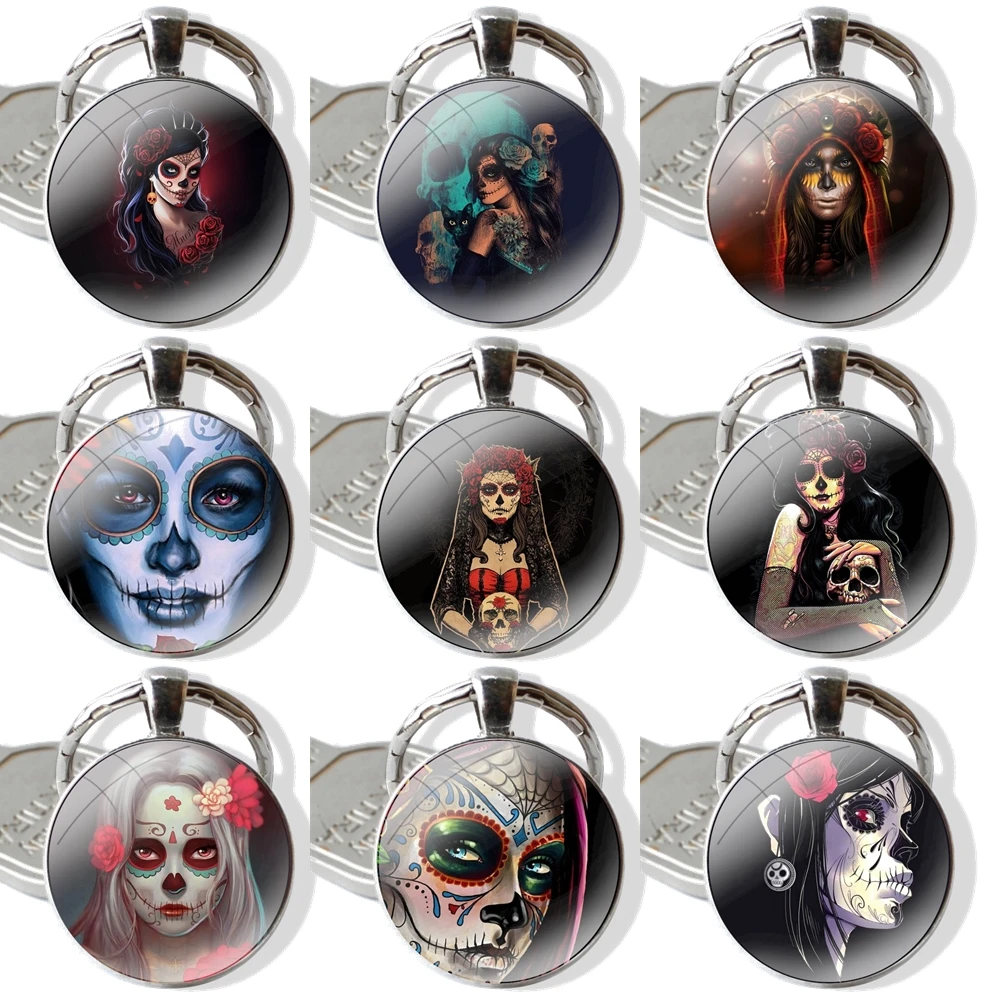 Mexican Skull Girl Keychain Handmade Glass Cabochon Key Ring Holder Pendant Key Chains