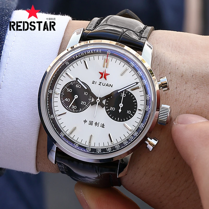 Red Star Men\'s 1963 Chronograph Mechanical Watch Pilot Original ST1901 Movement Re-Engraved Luminous Aviation Flight Retro Clock