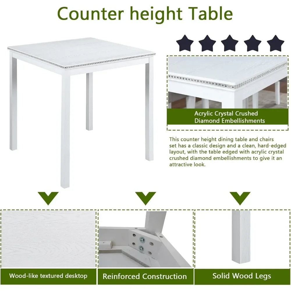 모던 카운터 높이 테이블 세트, 나무 사각 주방 테이블, 크리스탈 장식, 5 피스