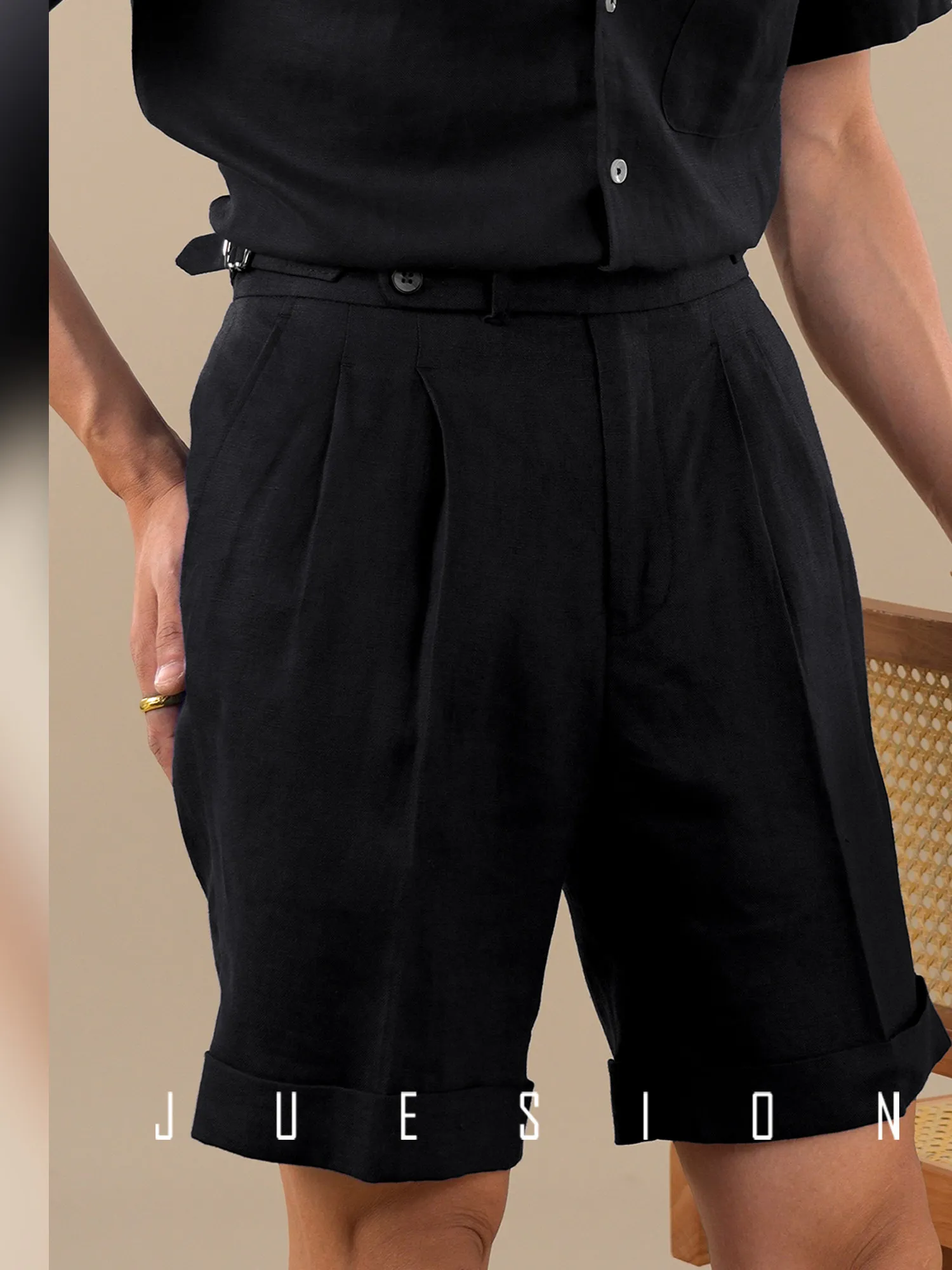 [100% linen breathable and comfortable] Naples shorts men's double pleated summer casual five-point pants
