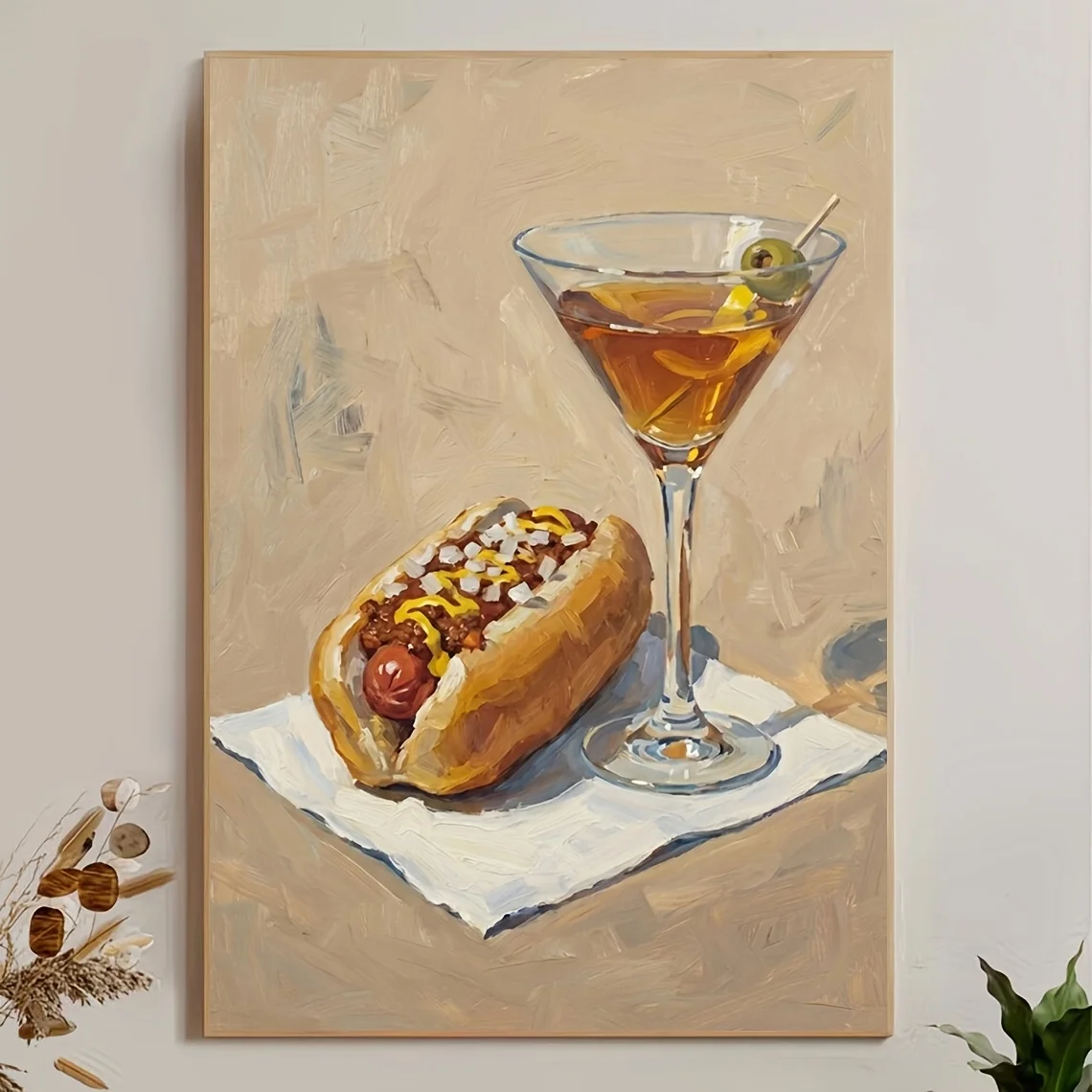 2D Flat, 2D Flat, 1pc, No Frame, Multi-Size, Frameless, Hot Dog And Dirty Martini Pattern, Fun Food Wall Decor, Retro Kitchen