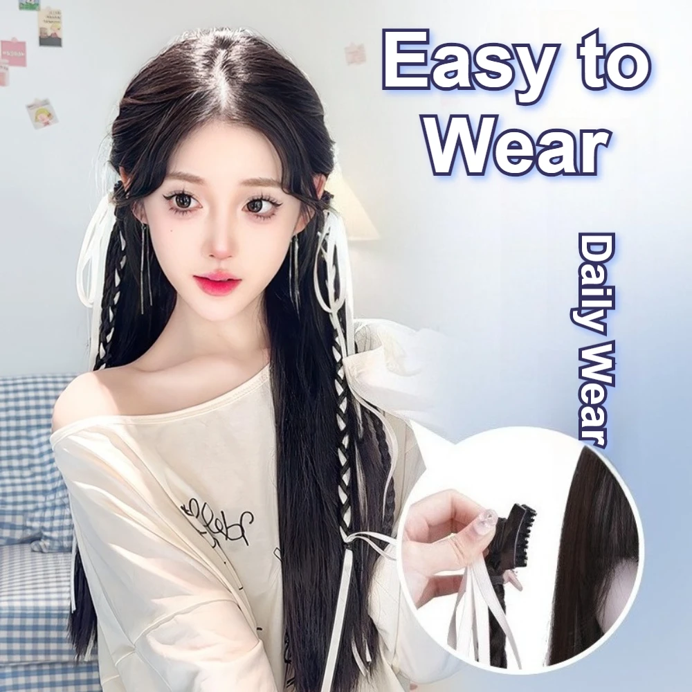 1/2PCS Fashion Clip-in Ribbon Braids Hair for Women Girls Natural Ribbon Twisted Braids Hair Extension Long Braided Ponytail Wig
