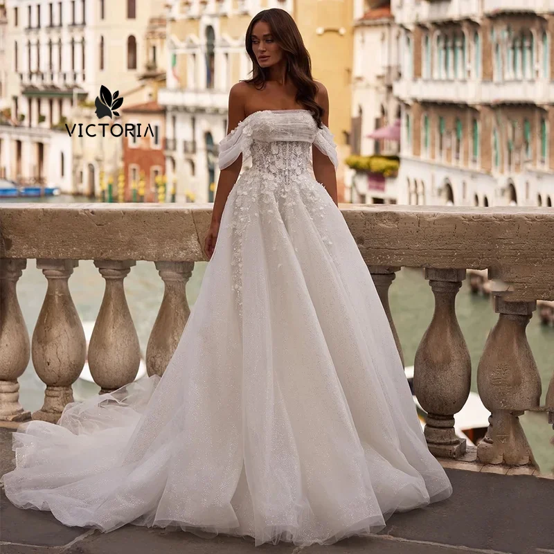 Sparkling Wedding Dress Customized Detachable Off Shoulder Boat Neck Beading Flowers Lace Tulle Bridal Gown Sweep Train