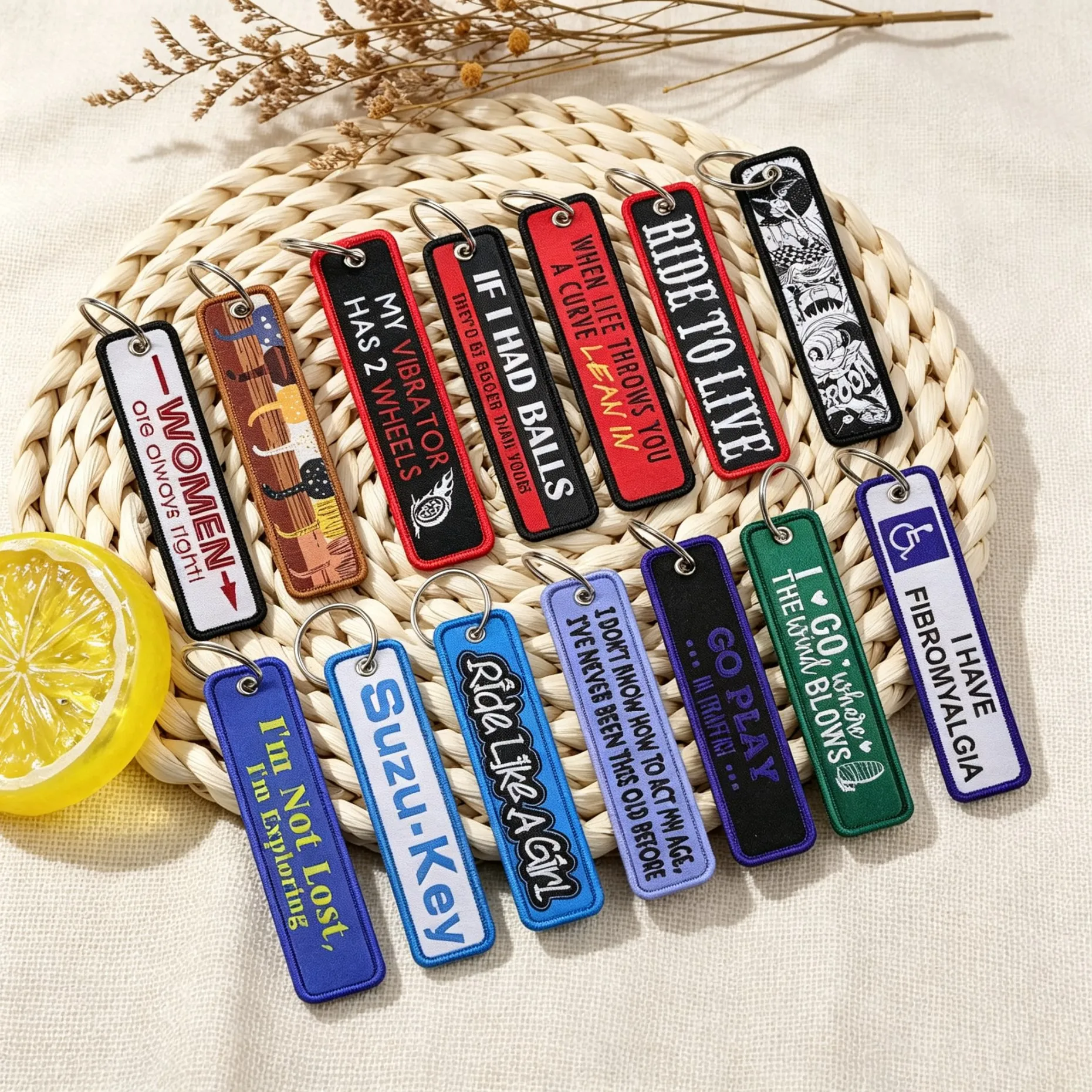 Cartoon Cat Embroidery Key Fobs Quotes Key Tags Keychains for Women Men Car Keyring Cosplay Accessories Backpack Chaveiro Gift