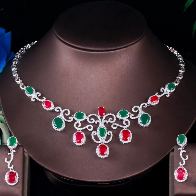 

ThreeGraces Unique Green Red Cubic Zirconia Stone Dubai Nigerian Bridal CZ Earrings and Necklace Jewelry Set for Women TZ859