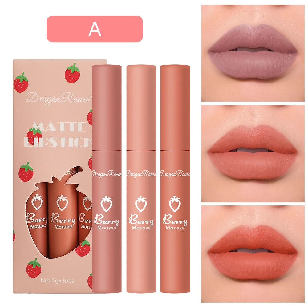 

Cute Set Lip Glaze 3pcs Velvet Matte Matte Lip Glaze Lipsticks Color Locking Non-Stick Cups