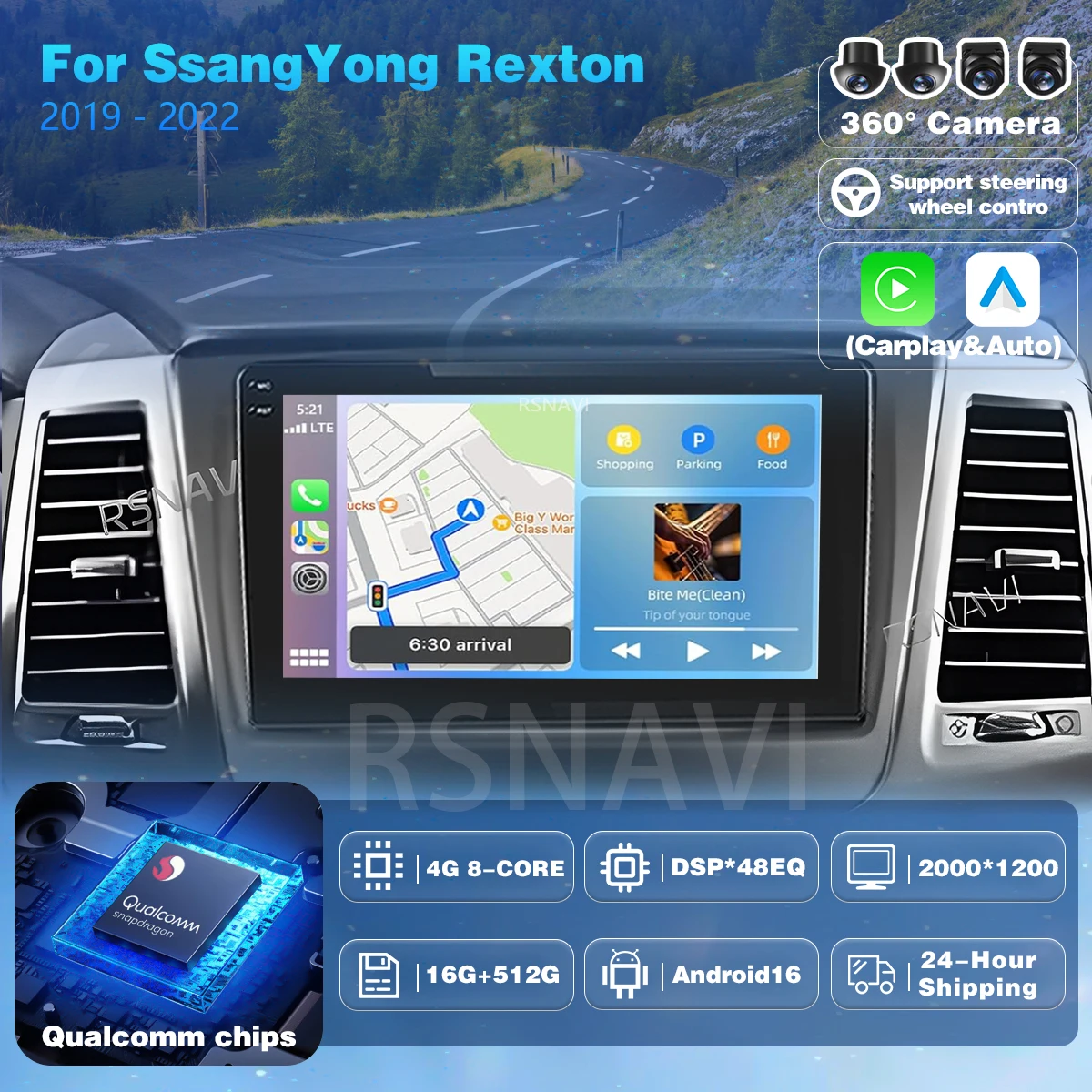 Android 16 For SsangYong Rexton 2017+Musso 2018+ 2K QLED Android Car Radio Qualcomm Video Player GPS CarPlay 4G Snapdragon Wifi