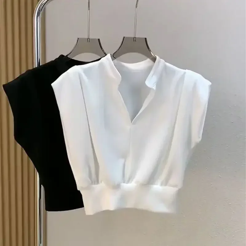 Waist Sleeveless V-neck Shirts Aesthetic Korean New Niche Short Sleeved T-shirt White Crop Tops Vest Tanks Ropa Mujer Blouse