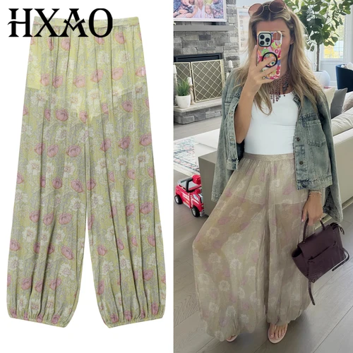 Imagen 1 del producto HXAO Pantalones de mujer con estampado pantalones holgados verano 2025 pantalones de pierna ancha con farol de cintura alta pantalones florales de gran tamaño pantalones tipo túnica de talla grande