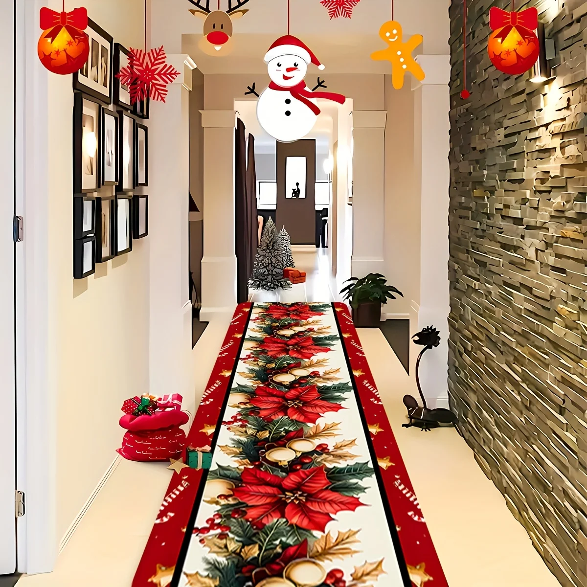 VIKAMAB Christmas Rug｜Non-Slip & Machine Washable Christmas Floral Bell Pattern Bedroom, Hallway, Living Room Holiday Decor