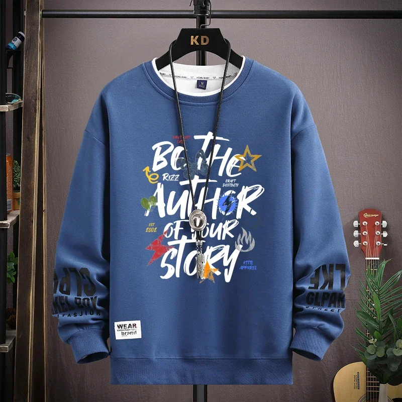 Streetwear Round Neck Pullover Long Sleeved T-Shirt Trendy Letter Print Sweatshirts Korean Fashion Spring Autumn Men's Clothing